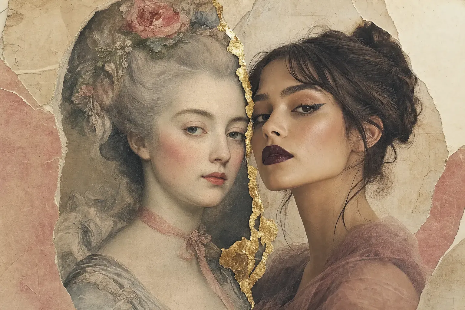 Two women shoulder to shoulder — one painted in eighteenth-century style with powdered skin and rouged cheeks, one photographed today with modern plum lipstick — joined down the centre of the frame by a vein of gold leaf.