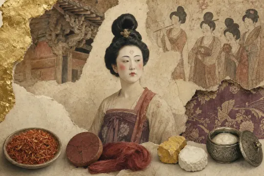 A Tang-dynasty woman in a high-waisted silk gown, hair in a tall coiled knot, a small ornament fixed on her forehead between short broad soot-black brows, rouge worked high on the cheeks, a cake of red rouge below.