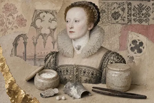 An Englishwoman of the late sixteenth century in a linen ruff, her brows plucked almost away and her hairline pushed back, her face and throat a flat dense white, beside a pot of white lead paste and iron tweezers.
