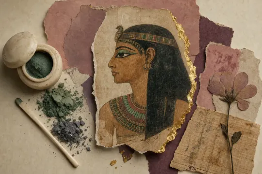 An ancient Egyptian collage: a figure in profile with heavily kohl-lined eyes and a broad beaded collar, surrounded by an alabaster kohl pot, a scatter of green malachite powder and a worn applicator stick on papyrus.