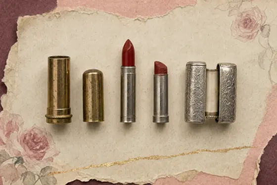 A refillable lipstick taken apart in a row: an empty brass case and its cap, a fresh red refill in a slim silver cartridge, a used refill worn to a slanted stub, and a small engraved silver case lying open.