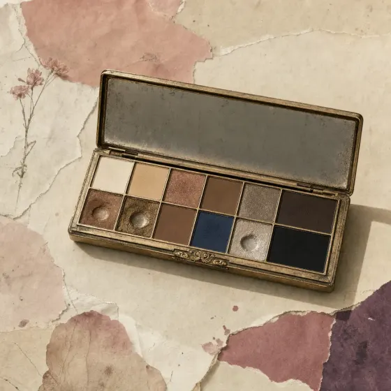 An open eyeshadow palette in gilt metal, twelve pressed pans in two rows running from pale bone through browns to black with one muted blue and one pearl among them, three dished and worn hollow by a brush.