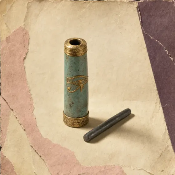 An Egyptian kohl tube in pale blue-green glazed earthenware with gold bands at rim and foot and a gold eye of Horus on its side, its opening too narrow for a finger, lying beside a short smooth rod of dark grey stone.