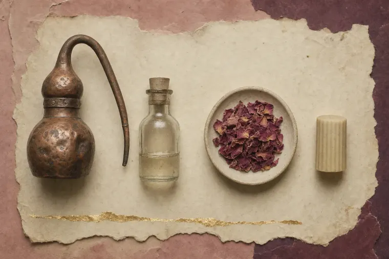 A copper still with a long condensing spout, a small flask of clear distillate, a dish of dried rose petals and a short moulded stick of solid perfume, laid out in a row.