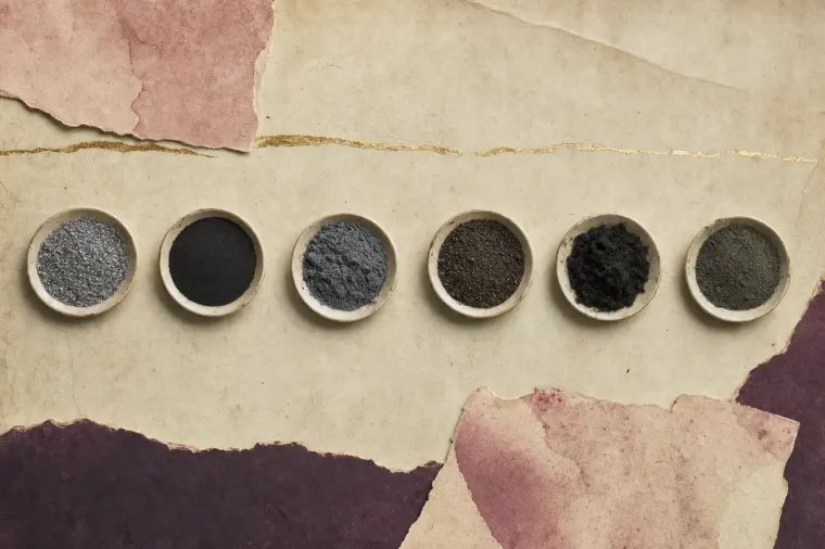 Six small dishes of dark powder of visibly different texture and tone, from metallic grey through matt black to brownish, laid out in a row on parchment.