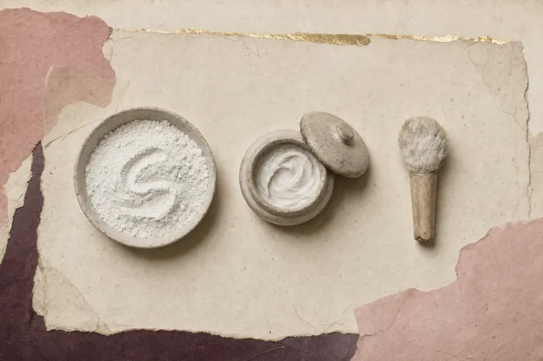 A shallow dish of dense white powder, a small pot of the same white worked into a paste, and a soft hare’s-foot applicator worn white at the tip, laid in a row.